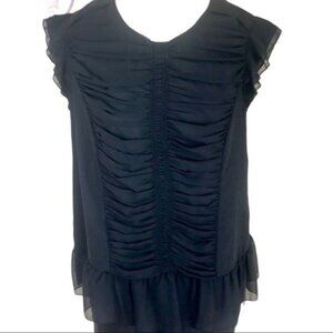 WHOWHATWEAR Gathered Black Chiffon Ruffle Gothic Blouse romantic regency